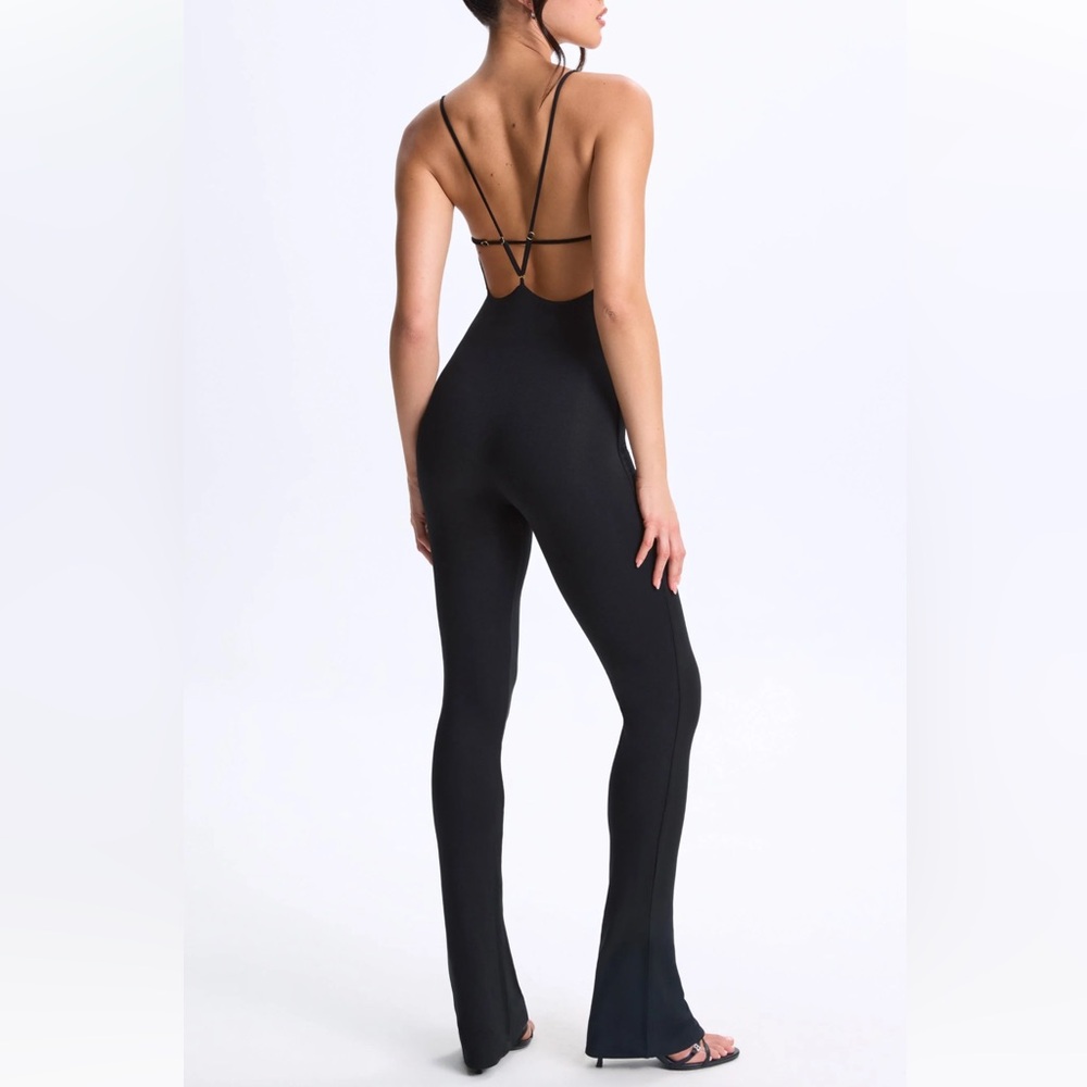 Oh Polly Black Plunge Open-Back Flared Jumpsuit